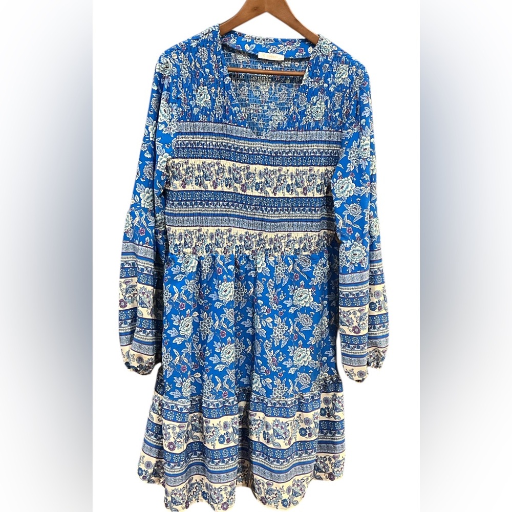 Kirundo Women Boho V Neck Floral Print Mini Dress Puff Sleeve Swing Dress sz XL